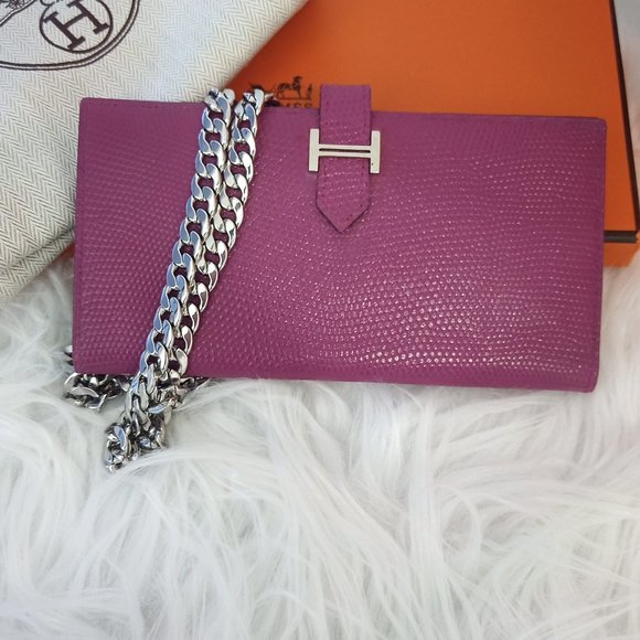 Astounding EUC Hermes LIZARD Bearn Long Wallet Full Inclusion + Bag! Magenta - Picture 3 of 15